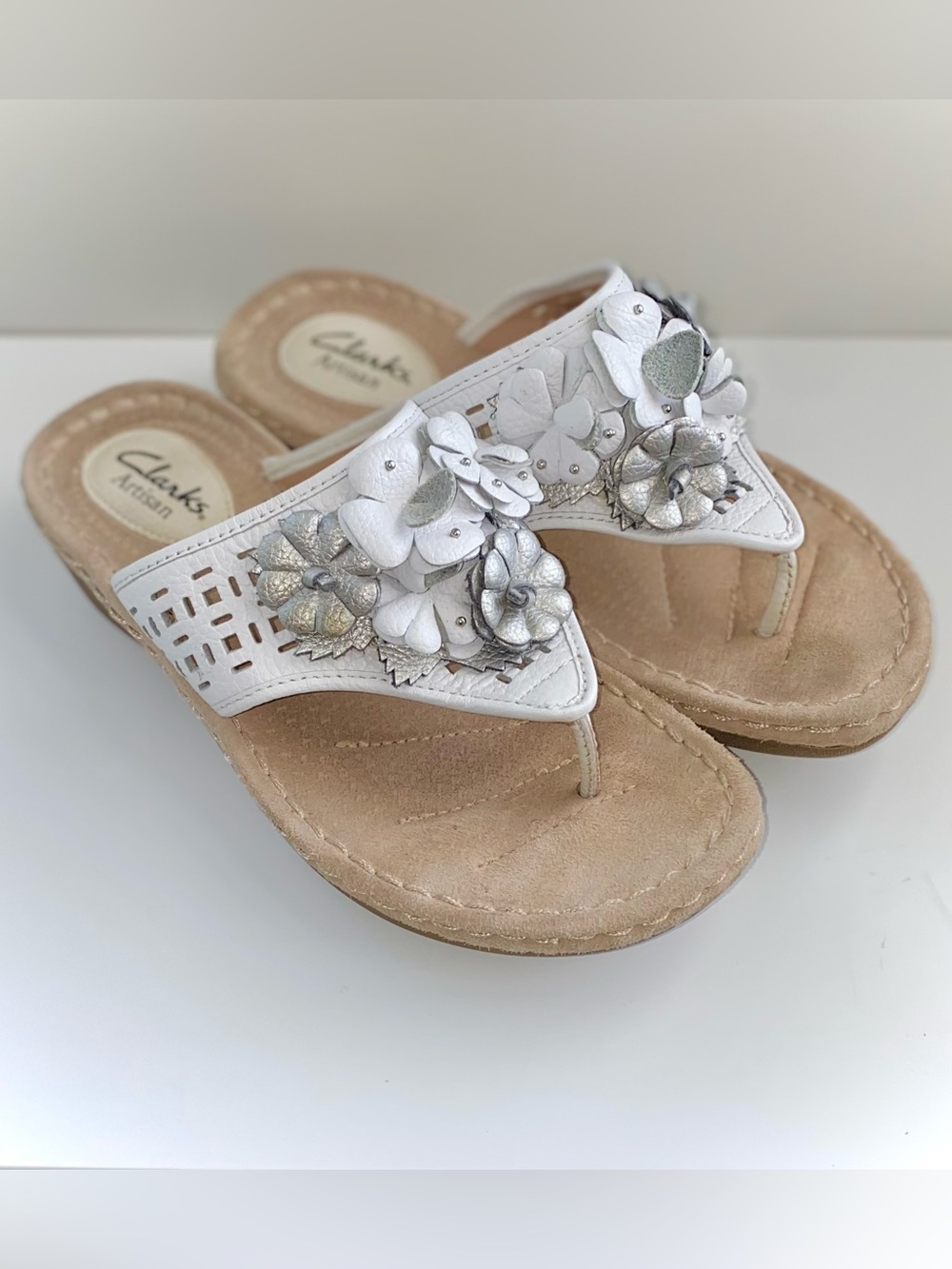 Clarks White and Silver Floral Toe-Post Sandals